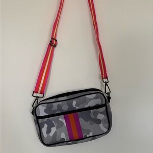 Gray Camouflage Crossbody Bag with Pink Strap